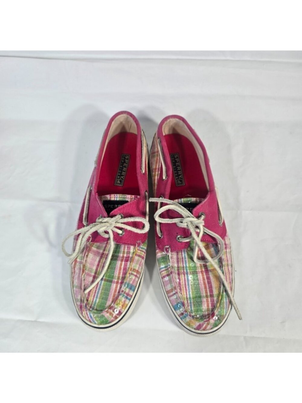 Sperry Top Sider Plaid Sequin Boat Shoes Women Size 9 Pink Pastel Coastal Preppy - Picture 2 of 10